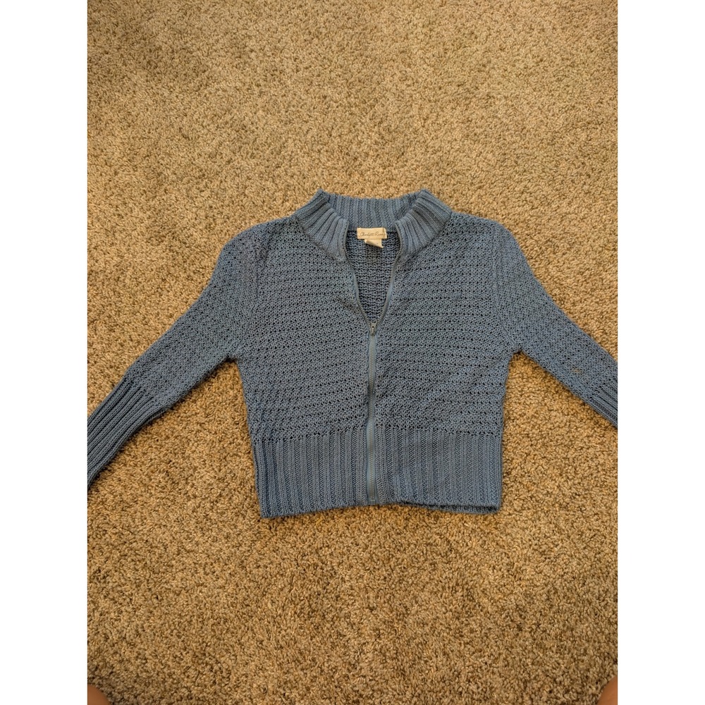 Charlotte Russe Vintage Blue Pointelle Zip Up Cardigan Sweater Mock Neck Small